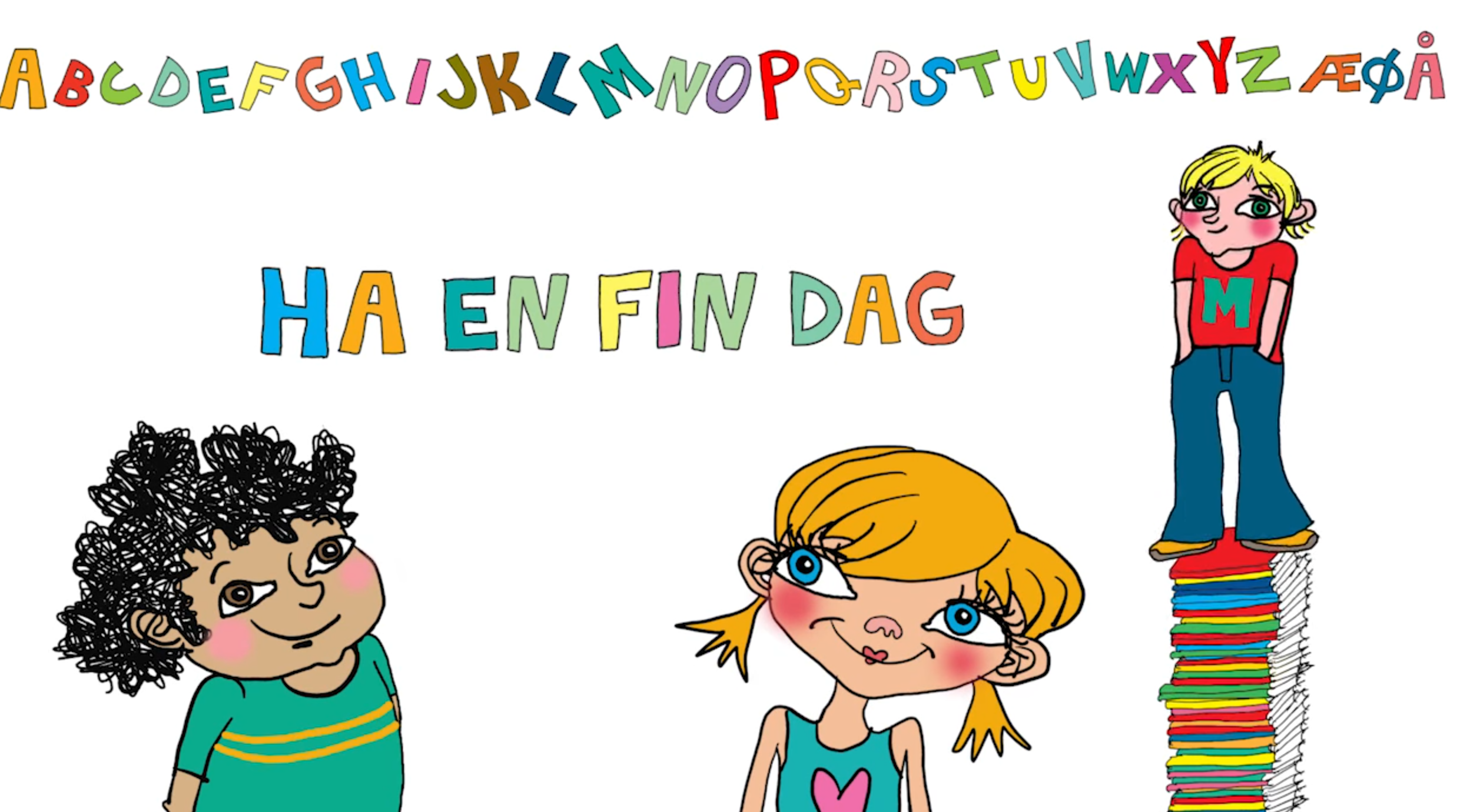 Illustrasjon av tre barn, bokstaver og en bokstabel
