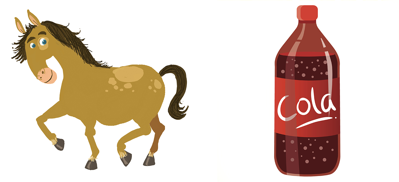 Illustrasjon av hest og cola