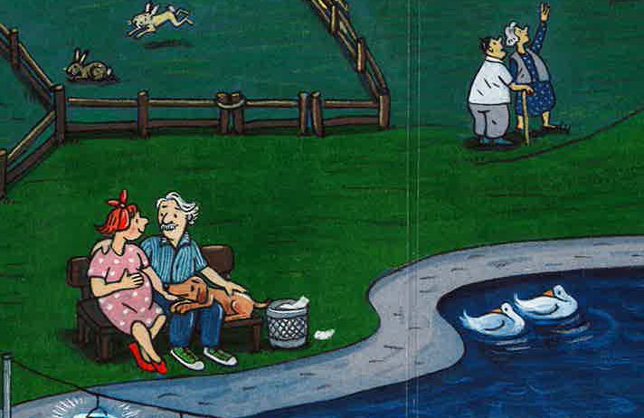 Illustrasjon av mann og dame med hund som sitter på en benk ved elva